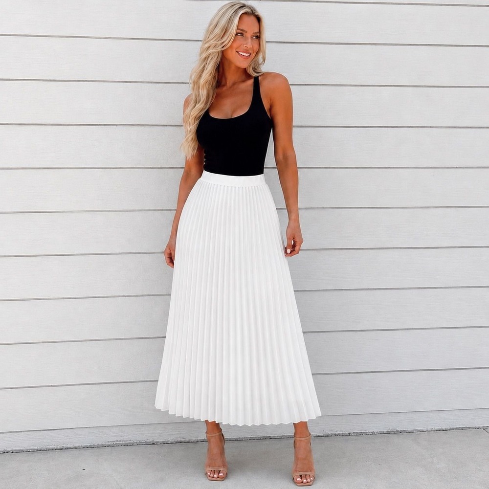 White Accordion Pleated Midi Skirt High Waist A-Line Flowy Lined